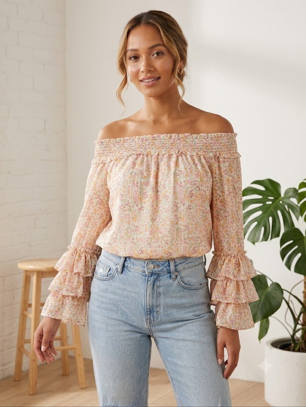 Floral Off The Shoulder Smocked Ruffle Tiered Sleeve Blouse Pink Yellow Gold